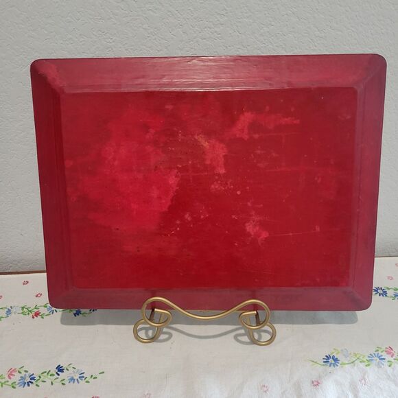 Vintage Olinala Mexican Folk Art Lacquered Wood Hand Painted Tray 16 x 12" Red/B - Picture 6 of 11
